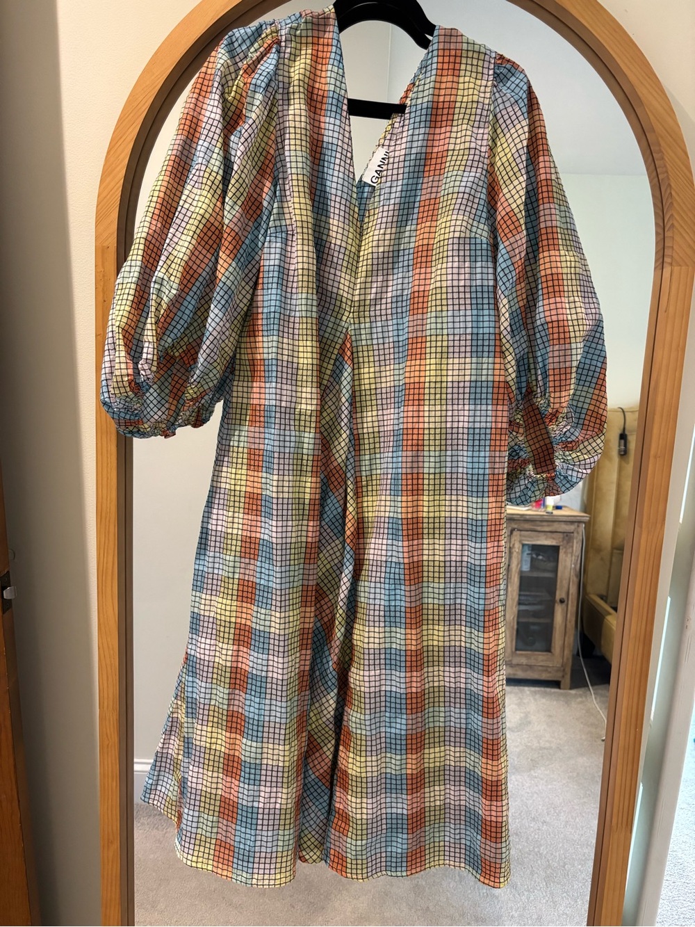 Ganni Checked Puff-Sleeve Midi Dress in Multicolor Plaid